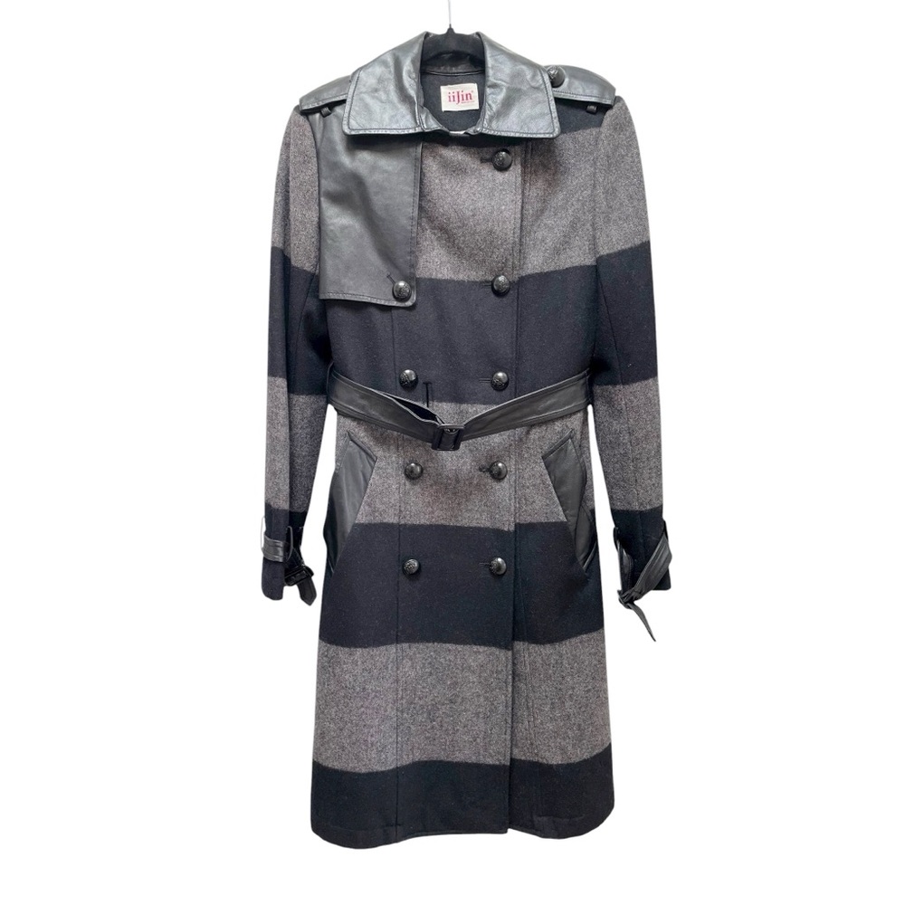 iiJin Black Gray Wool Sheepskin Striped Long Coat Double Breasted Size 2